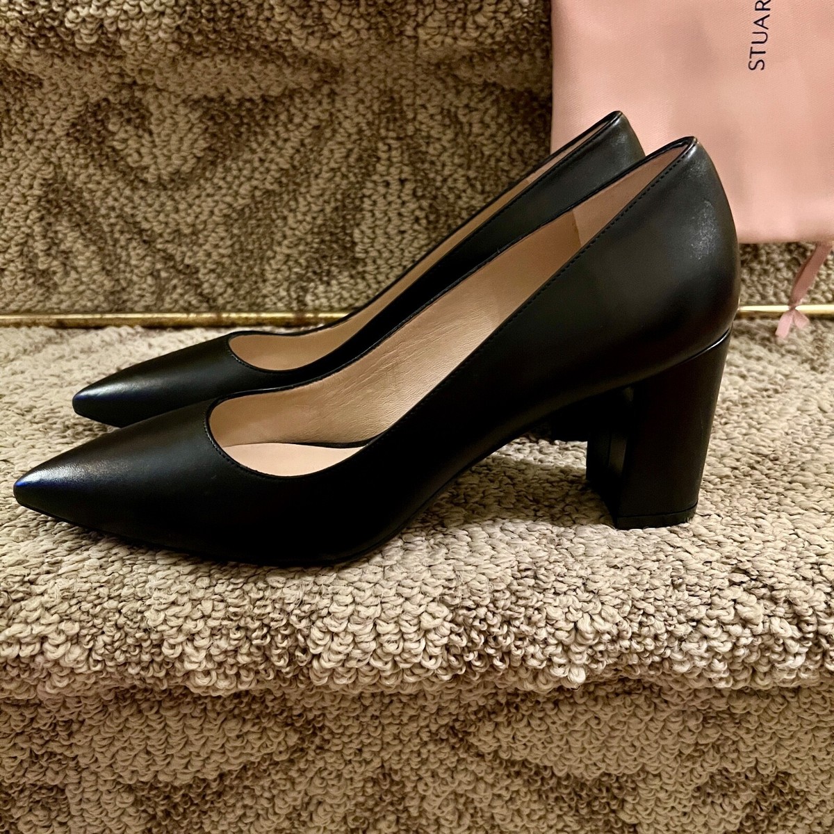 NWB Stuart Weitzman Linsi 75 Block Heel Black Leather Pumps