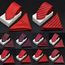 Men Red Stripe Necktie Handkerchief Wedding Party Tie Pocket Square Hanky Set