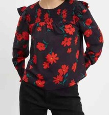 EX DOROTHY PERKINS RED FLORAL SHIRRED YOKE RUFFLE TOP PETITE FIT NEW (446) SALE