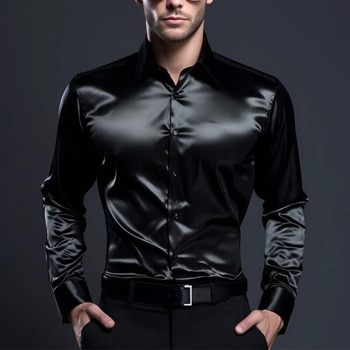 Herren Satin Hemd Tanzen Oberteile Hochglanz Kleid Langarm Hochzeit Freizeithemden Neu - Bild 11 von 25