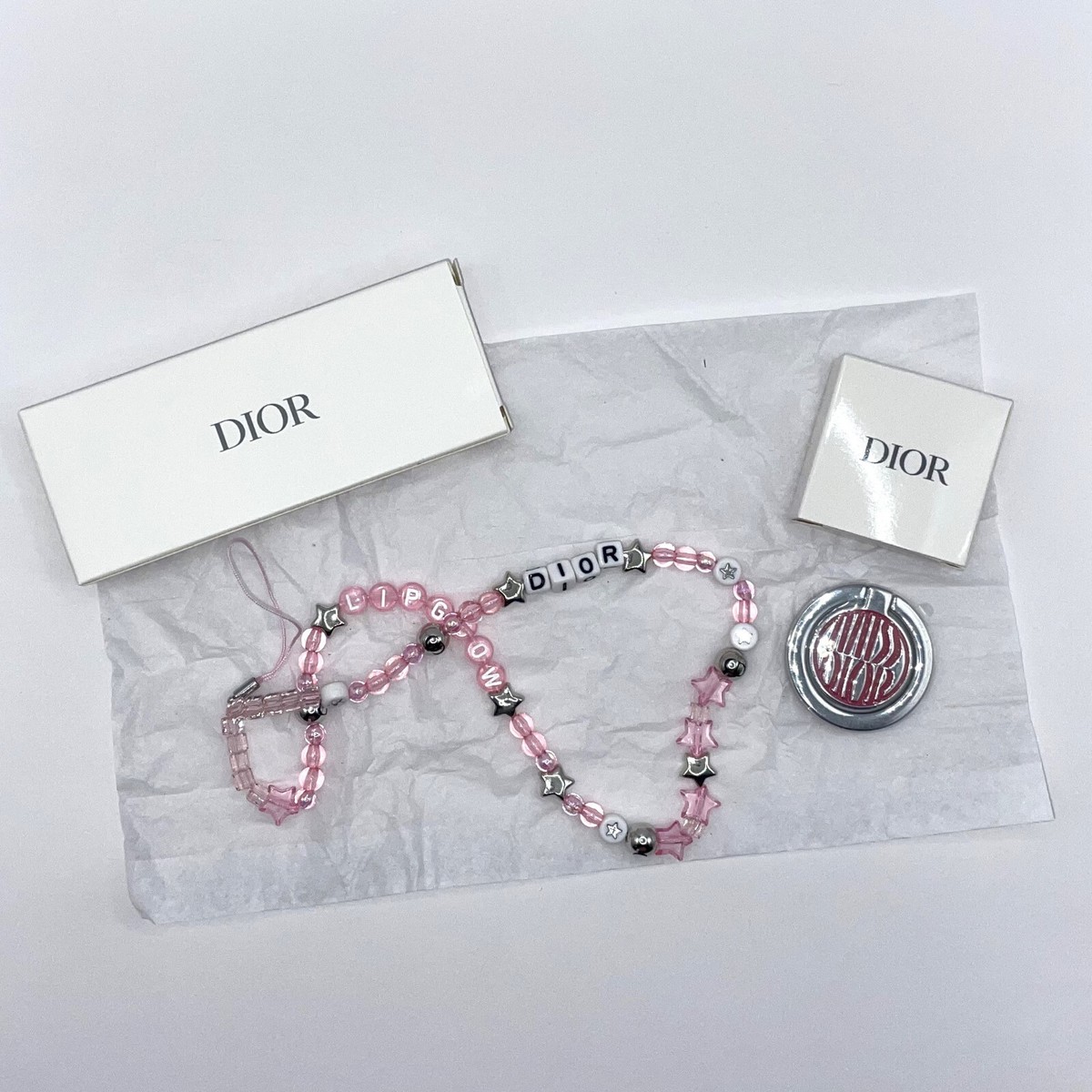 iPhoneアクセサリー DIOR iPhone Dior Pink Attache Phone Strap & Miss Dior Logo Silver Mobile Ring