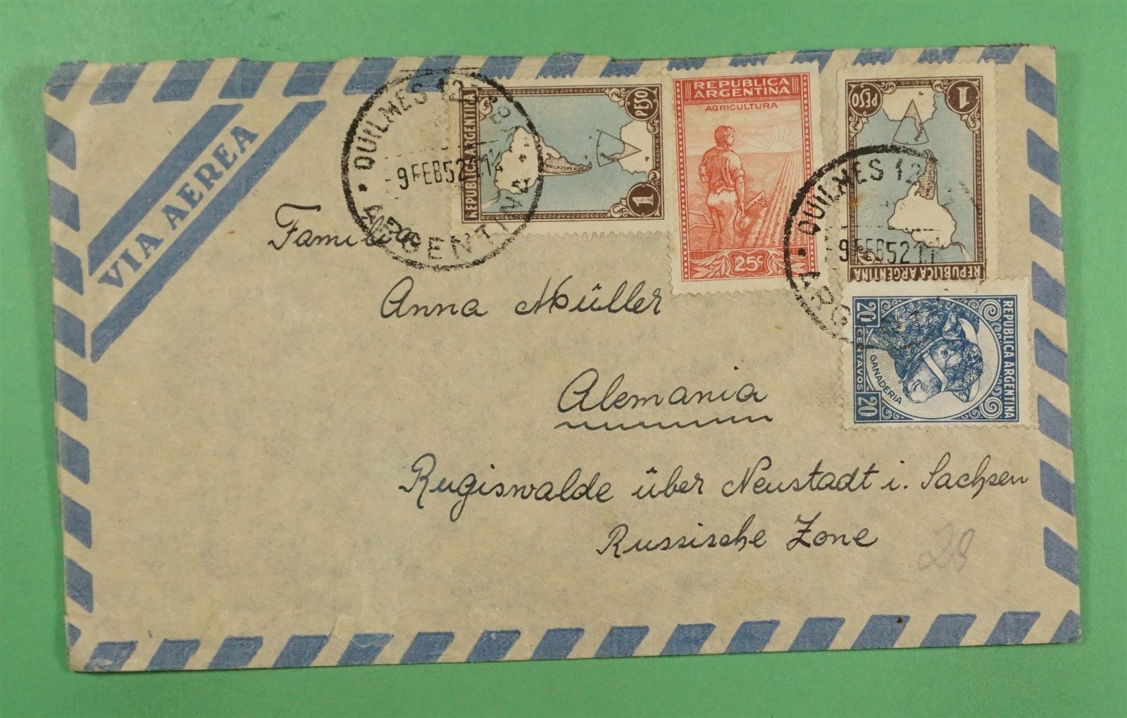 DR WHO 1952 ARGENTINA 1P QUILMES AIRMAIL TO GERMANY R40306