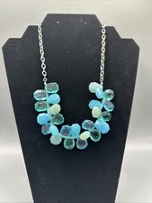 Chunky Turquoise Blue Chip Bead Bib Necklace, Silver Tone Chain, Boho Statement