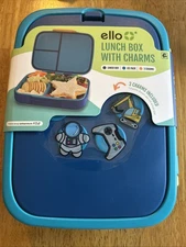 ello Lunch Box with 3 Charms Ice Pack Blue 2 Tone Orange Handle Dishwasher Safe