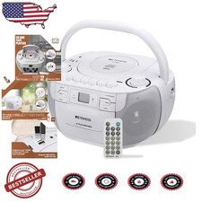 Retro CD Cassette Boombox, White, AM/FM Radio, Tape Recording, USB, Stereo Sound