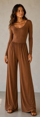 Free People Hot Shot Jumpsuit Long Sleeve Wide-Leg Solid Tan Women s XL