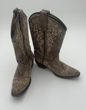 Corral Size 2T Teens Brown Beige Leather Cowgirl Boots Floral Embroidery