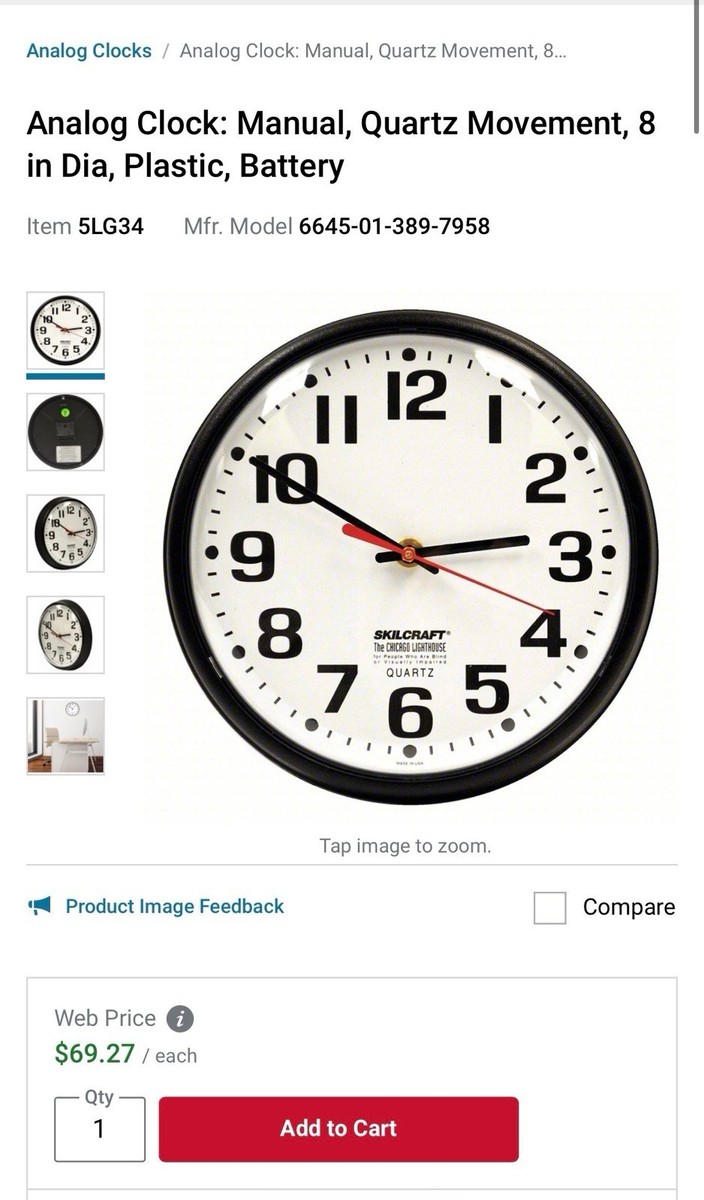 SKILCRAFT Quartz Wall Clock 8 in Black Plastic Analog 6645-01-389