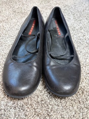 Prada Sport Black Leather Mary Jane Ballet Flats Size 39