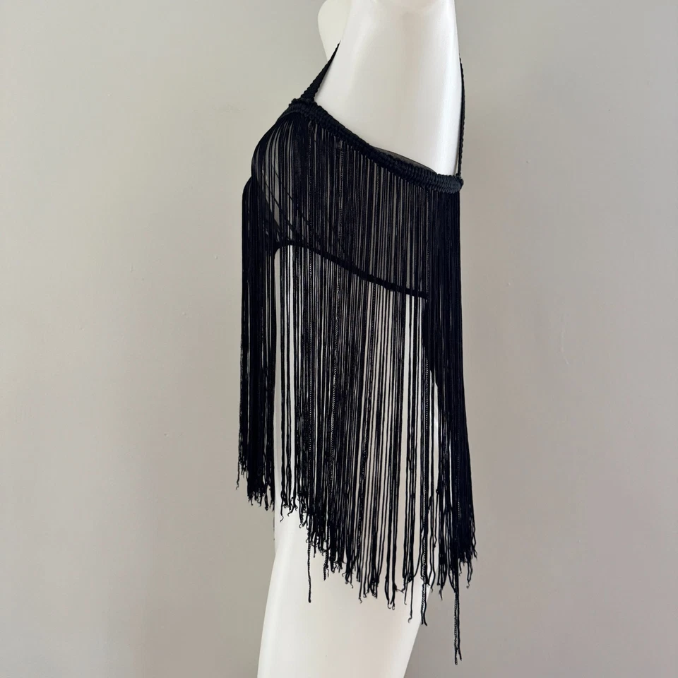 De colección Años 60 SHOWGIRL Disfraz Negro GoGo Top FRINGE Sujetador Corto Sin Mangas Baile Aleta Foto 3 de 4