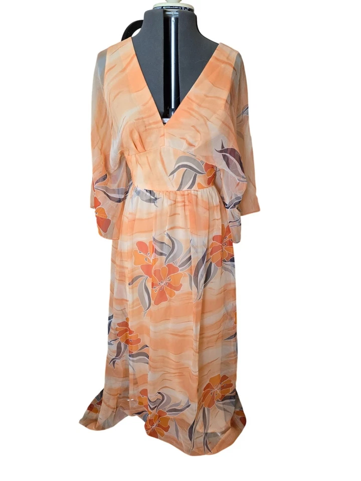 Maxi Vestido Vintage Edith Flagg - Naranja Floral Gasa Estilo Caftán - Talla Pequeña Foto 2 de 4
