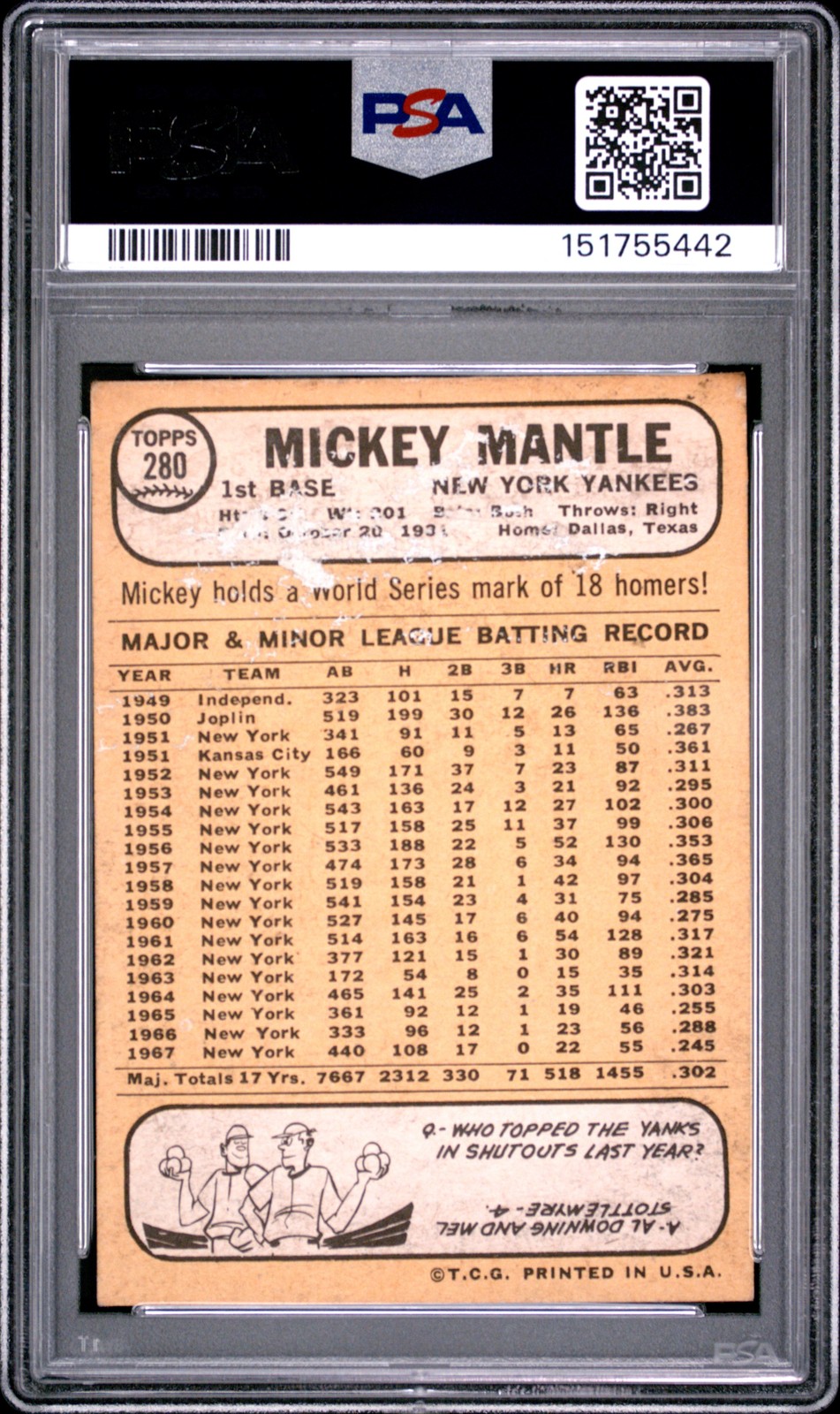1968 TOPPS #280 MICKEY MANTLE PSA 1 view 2
