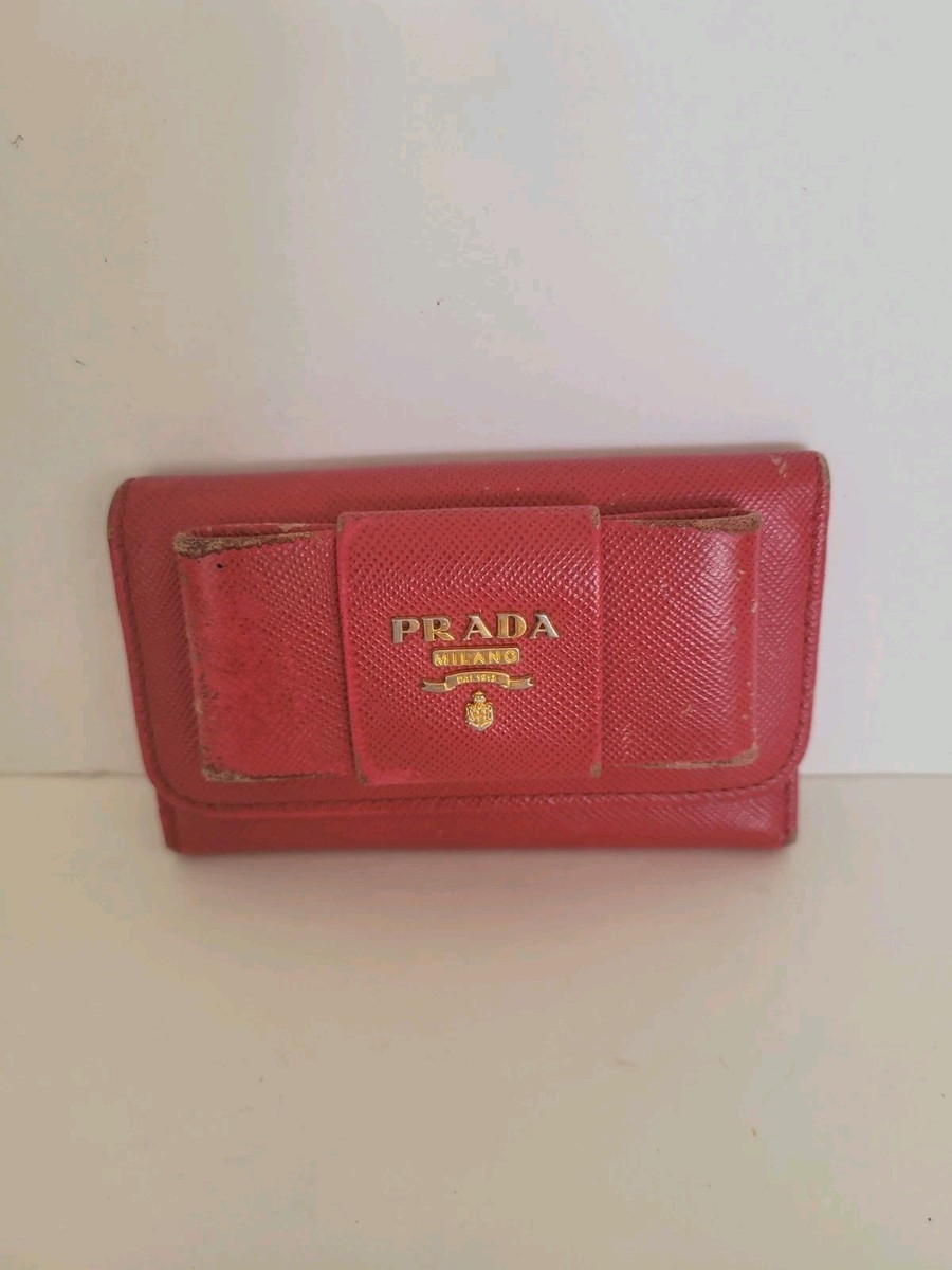 PRADA Leather Logo Wallet Small Pink Saffiano Compact Key