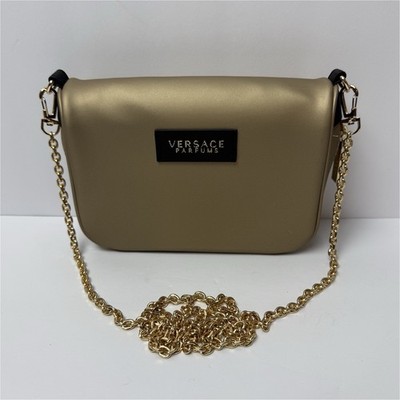 Versace Women's Shoulder Bag Chain Strap Logo Plaque Zip Closure Gold Designer