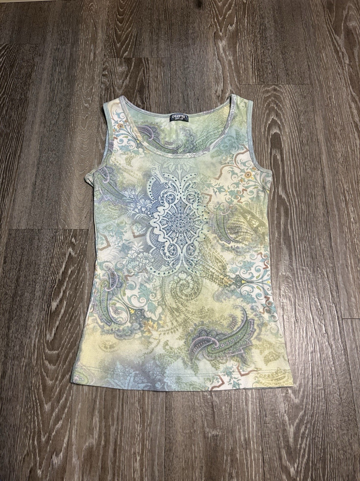 VTG Energie Floral Paisley Rhinestone Top Sz XS Whimsy Forest Fairy Grunge Boho