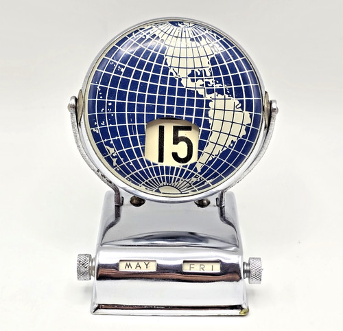 Stainless Metal Globe Perpetual Flip 3" Desk Calendar Vtg Collectible, Japan