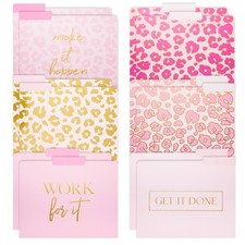 12 Pack Decorative File Folders, Gold Foil Leopard Prints, Pink, 9.5 x 11.5 in
