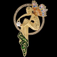 Art Nouveau Nymph Fairy Lady Brooch Pin Gold Tone Faux Pearl Rhinestones