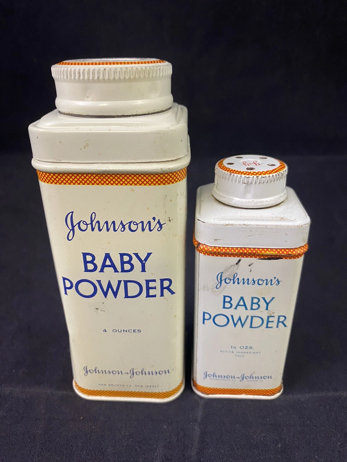 2 Vintage Baby Powder Tins 1.5 oz & 4 oz Johnson & Johnson Vintage 50s 60s
