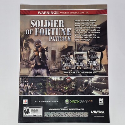 Soldier of Fortune Payback PS3 Xbox 360 Warning Print Ad/Poster Promo Art