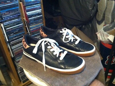 Target Lace Up Sneakers Women's Size 11 Black Leather Leopard Print Shoes 