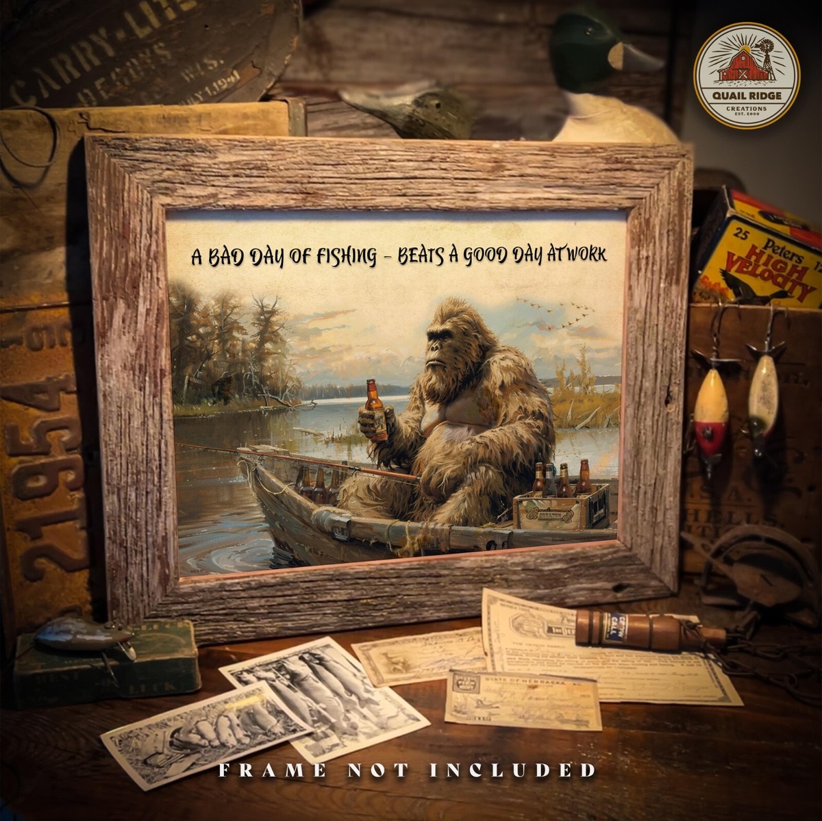 Sasquatch Bigfoot Art Print A Bad Day of Fishing Hunting Cabin