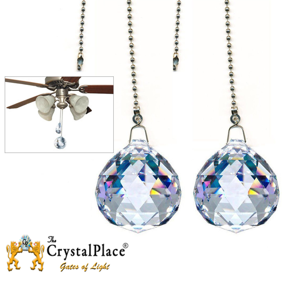 2 Pack Magnificent Crystal Clear 40mm Ceiling Fan Pull Chain