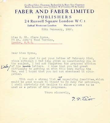 TS ELIOT Signed Letter - Author / Writer / Literature - preprint