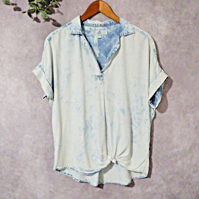 Thread + Supply Top Womens Medium Chambray Stonewashed Denim Blouse Short Sleeve