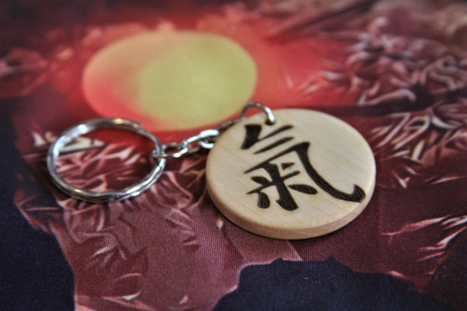 Chinese Word energy, WOODEN Keyring 2 side , handmade in UK. Engraved