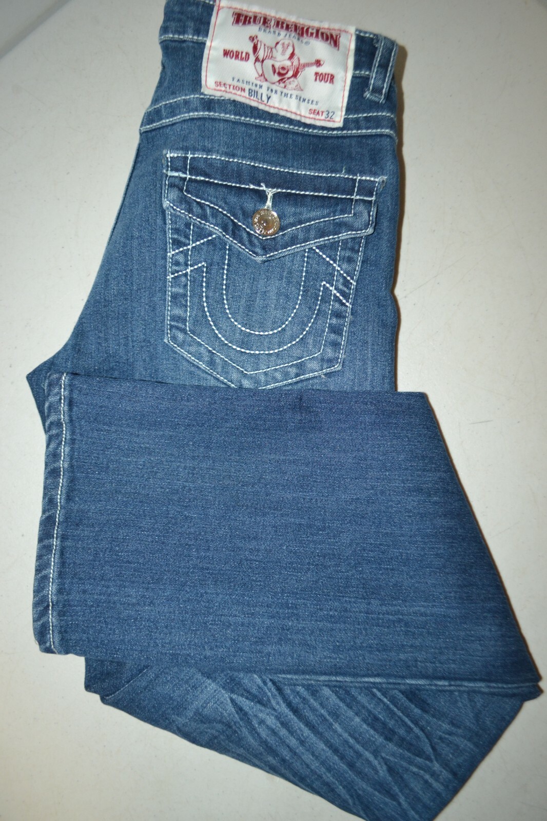 True Religion Women's Billy Straight Pocket Flaps Blue Denim Jeans Sz 27x32