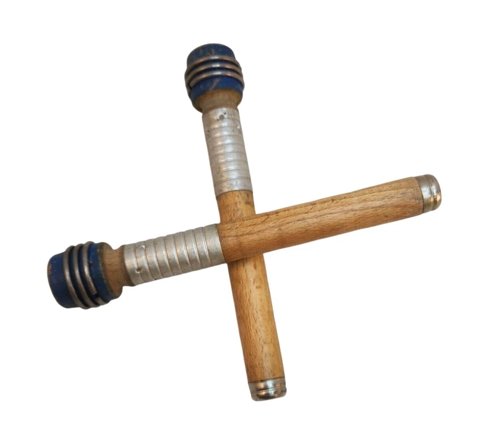 Vintage Wooden & Metal Weaving Bobbins With Blue Tips Set Of 2 Primitive country - Image 2 of 4