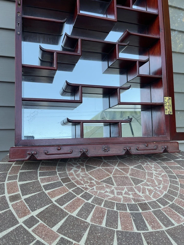 Armario China Vintage Curio Bloqueo Puerta Vidrio Montaje en Pared 18 Estantes Espejo Trasero Foto 4 de 4