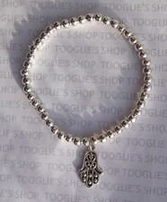 HANDMADE SILVER PLATED BEAD STRETCH BRACELET WITH HAMSA HAND CHARM (140)