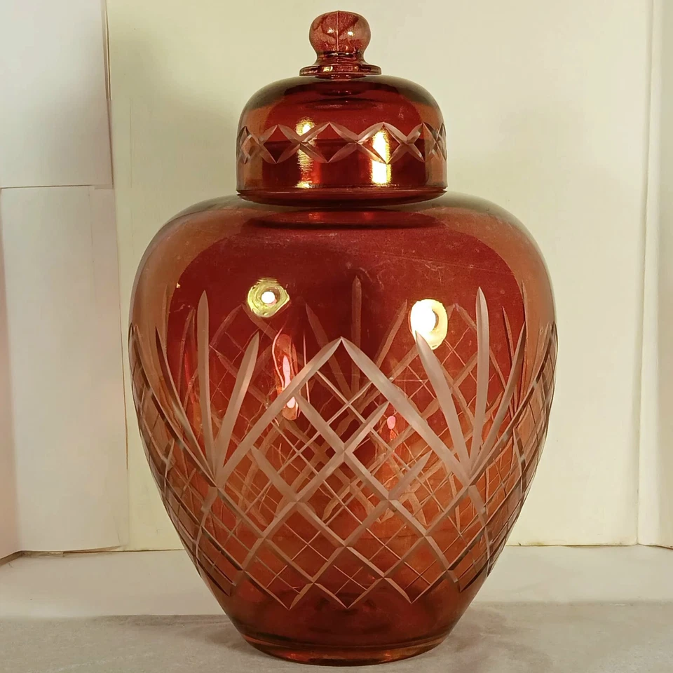 Vintage Bohemian Ruby Red Cut Glass Jar w/ Lid Czech Republic 9.75" Late 20thC E - Image 4 of 4