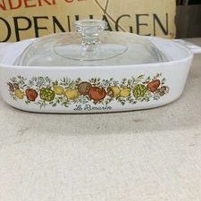 Vtg Glass Casserole Container W/ La Romarin Written On The Side With Vegetables