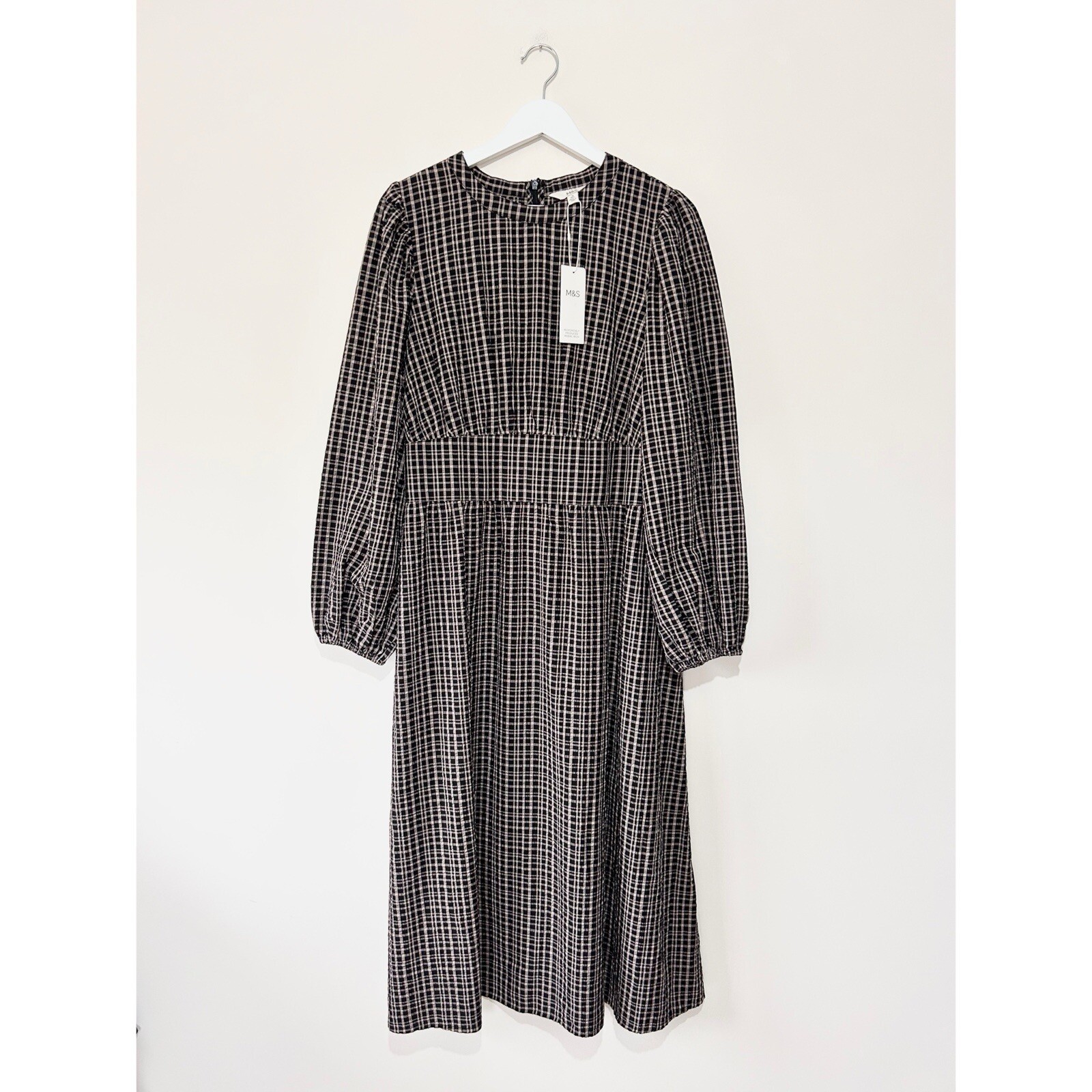 Marks & Spencer Black Pink Scandi Gingham Midi Dress Size 16 RRP £39.50