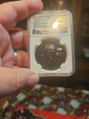 2024 NGC PF70 CAMEROON .999 PROOF SILVER OBSIDIAN DONALD TRUMP FDOI HR WITH COA