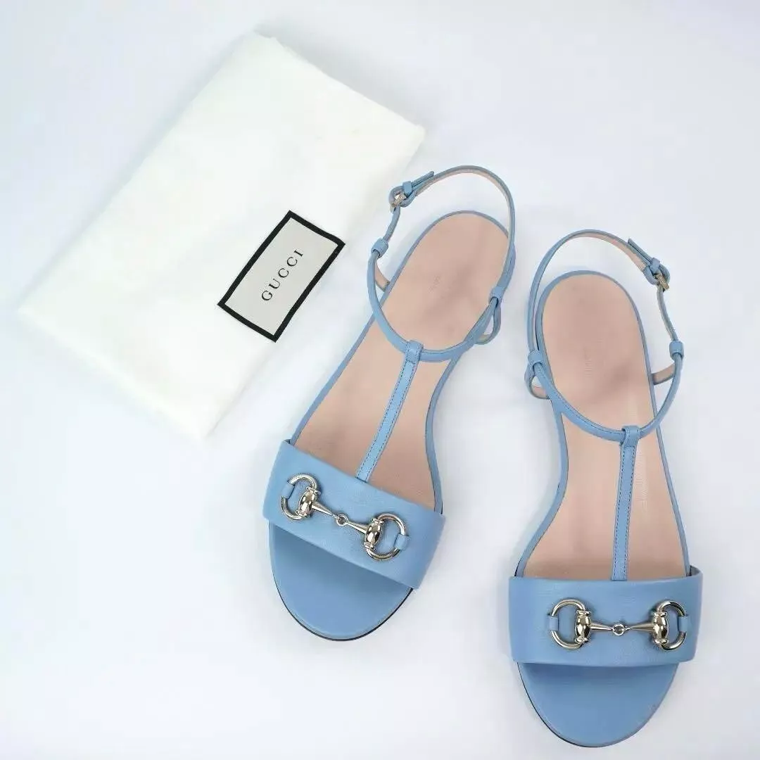 GUCCI Horsebit Strap Sandales plates mules escarpins chaussures femmes EU 37 1/2 bleu clair