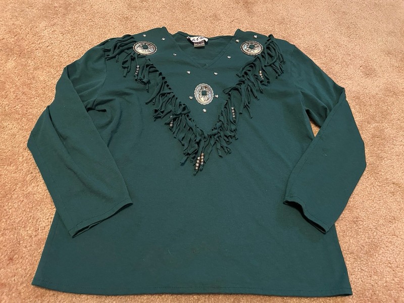 Vintage Sassa Top Shirt Womens M Green Silver Conchos Fringe Western Rockabilly