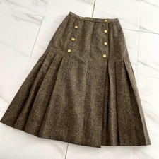 CHANEL Vintage Long Flared Skirt Size 38 Yellow Brown Tweed with Gold Buttons