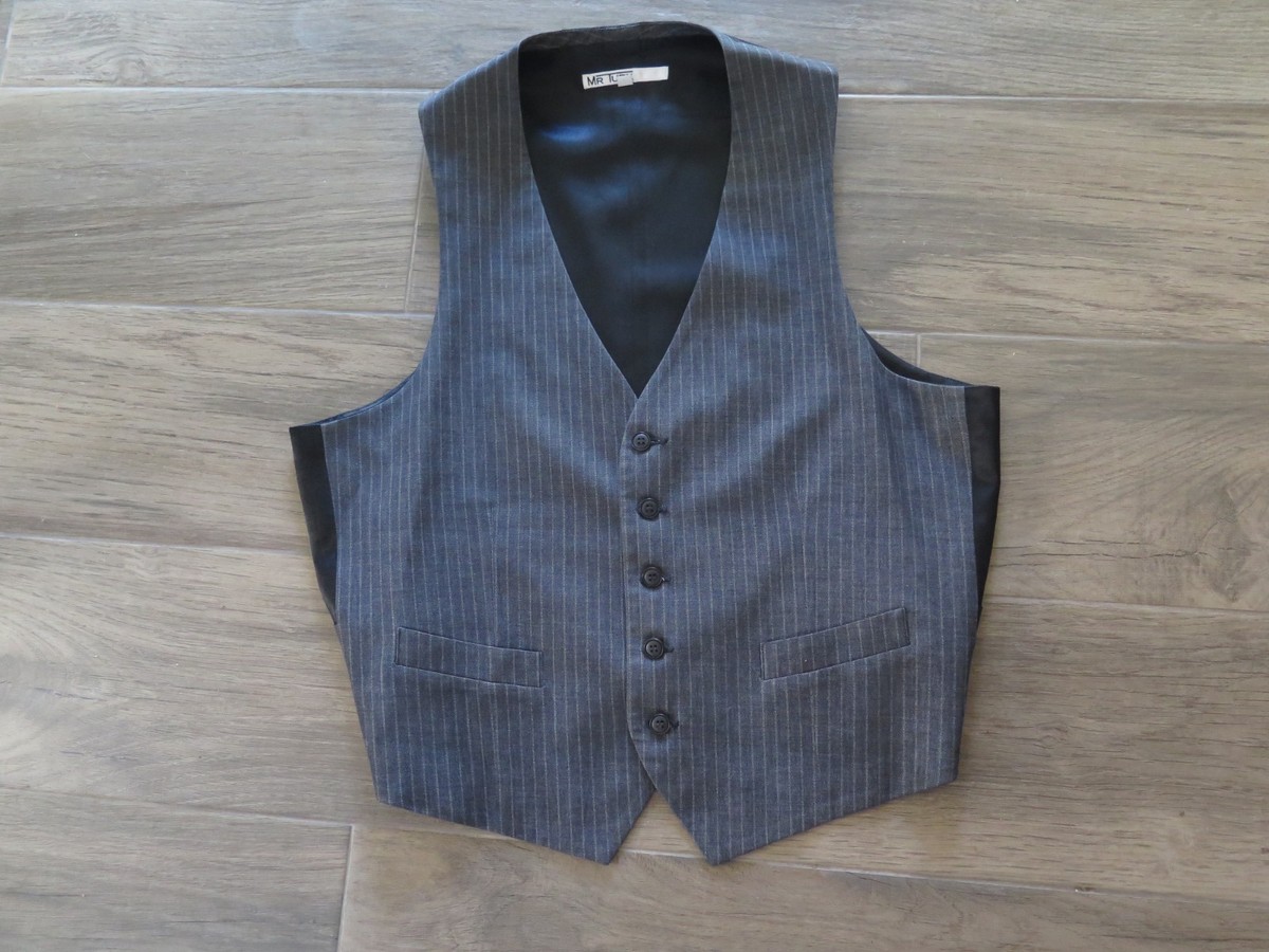 Mr Turk Vest Grey Pinstripe Waistcoat XL Satin Belted Back
