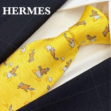 HERMES Raccoon Pattern Silk Tie Yellow Regular Tie 9.5cm Blade Width Pre-owned