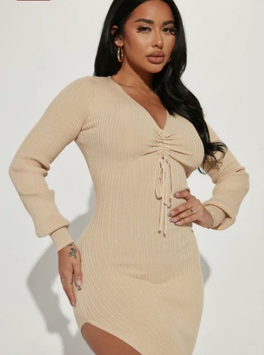 FASHION NOVA Women’s Taupe Long Sleeve Sweater Side Slit Midi Dress - Picture 10 of 10