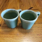 Set Of 2 Vintage HULL Pottery Avocado Green DRIP GLAZE Coffee Mugs USA MCM