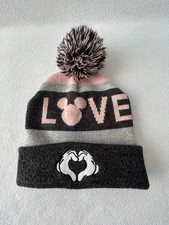 Disney Mickey Mouse Toddler Girls Love Knit Winter Hat Pom Gray Pink