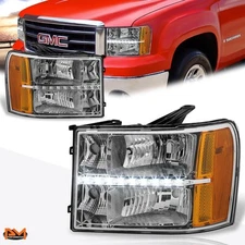 For 07-14 GMC Sierra LED DRL Chrome Housing Amber Side Corner Headlight/Lamp Set