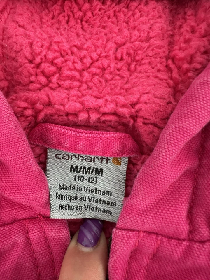 Carhartt Duck Canvas Jacket Girls M (10-12) Pink Hooded Sherpa Lined Full Zip - Image 2 of 4