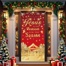 Christmas Door Cover for Front Door - Red and Gold Nativity Scene Xmas Decoratio