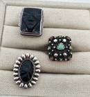 Lot of 3 Vintage Sterling Silver Mexican Rings with Gems Carved Aztec Faces Matl